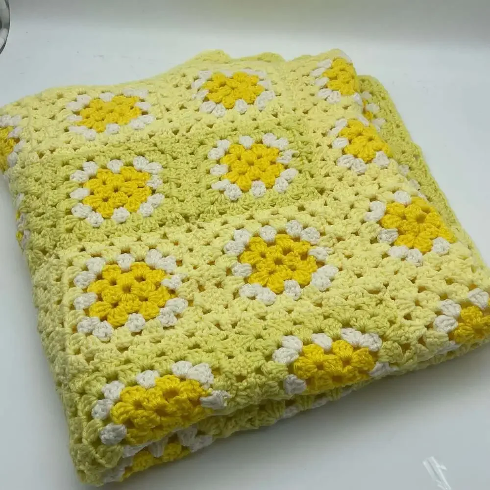 Handmade Crochet Granny Square Blanket 38x56 Yellow White Floral Afghan